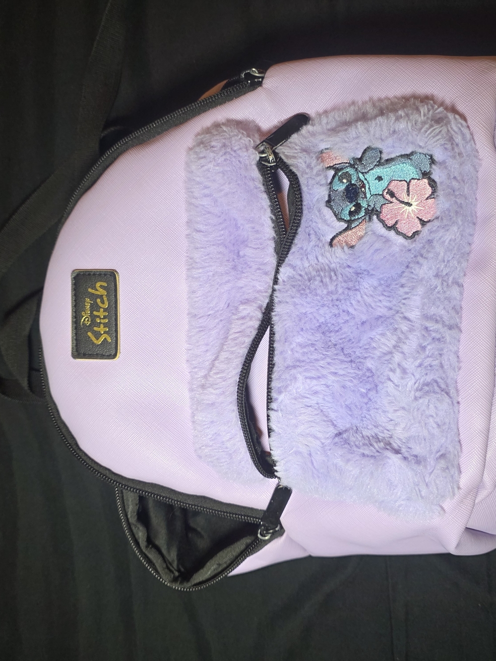Disney Lavender Stitch Faux Fur Backpack with Embroidered Patch